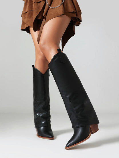 Women Western Boots Fold Pointed Toe Beveled Heel Knee High Boots