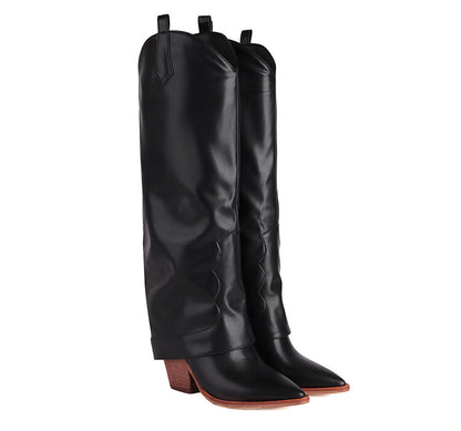 Women Western Boots Fold Pointed Toe Beveled Heel Knee High Boots