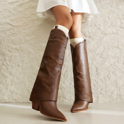 Women Western Boots Fold Pointed Toe Beveled Heel Knee High Boots