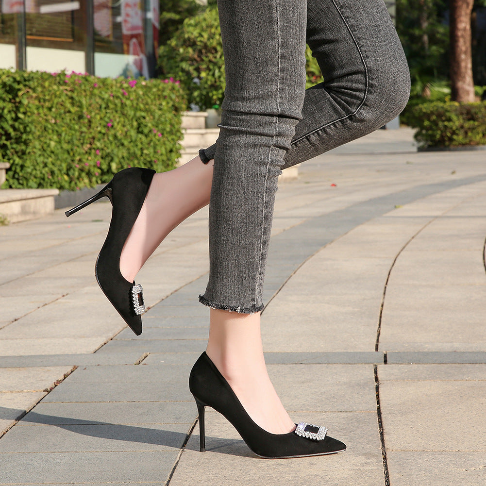 Women Pointed Toe Rhinestone Square Buckles Shallow Stiletto Heel Pumps