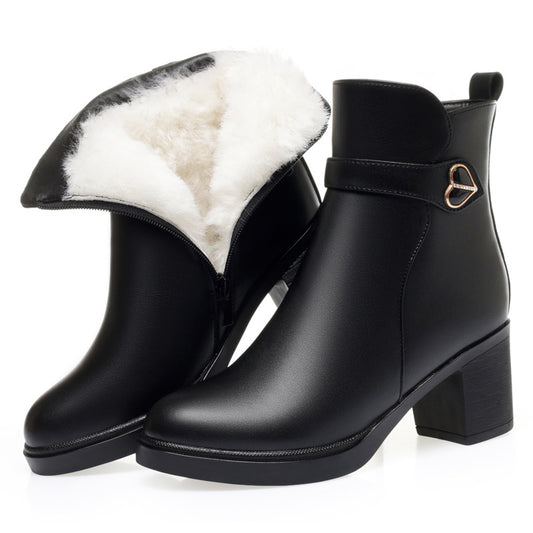 Women Ankle Boots Love Hearts Warm Wool Fluff Block Chunky Heel Booties