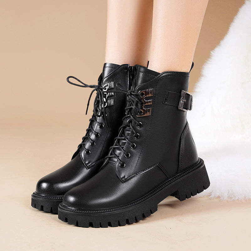 Women Ankle Boots Warm Fluff Lace-Up Thick Sole Booties