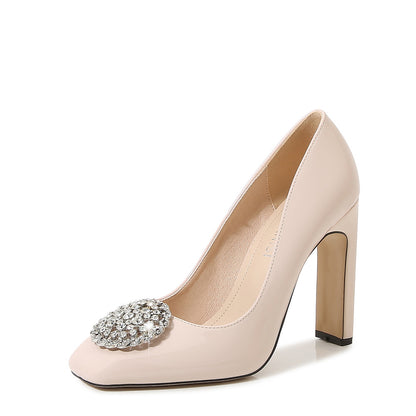 Women Rhinestone Shallow Chunky Heel Pumps