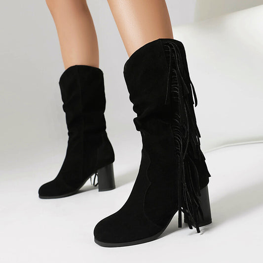 Women's Tassel Round Toe Block Heel Mid Calf Boots