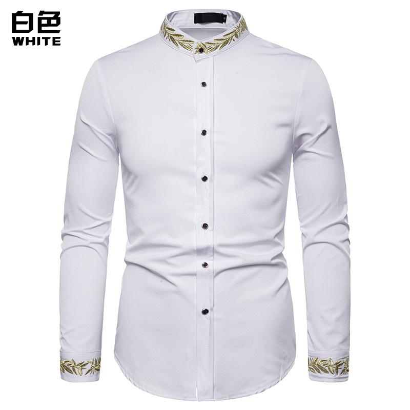 Men's Fashion Embroidered Westen Style Pattern Embroidered Henry Stand-Up Collar Long Sleeves Shirts