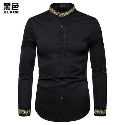 Men's Fashion Embroidered Westen Style Pattern Embroidered Henry Stand-Up Collar Long Sleeves Shirts