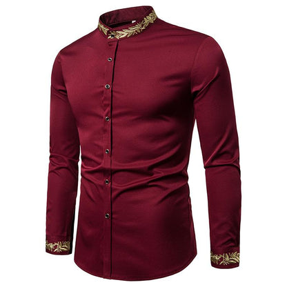 Men's Fashion Embroidered Westen Style Pattern Embroidered Henry Stand-Up Collar Long Sleeves Shirts