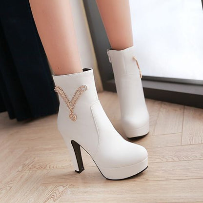 Women Rhinestone High Heels Platform Short Boots