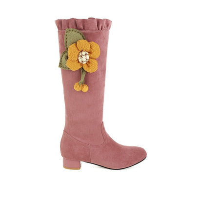 Woman Flower Low Heel Mid Calf Boots