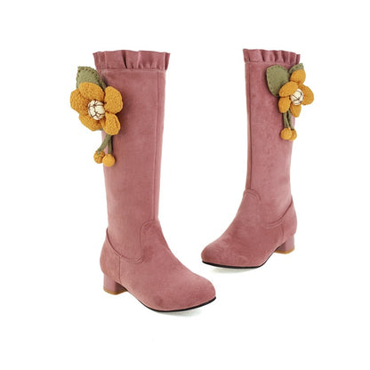 Woman Flower Low Heel Mid Calf Boots