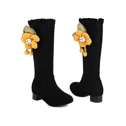 Woman Flower Low Heel Mid Calf Boots