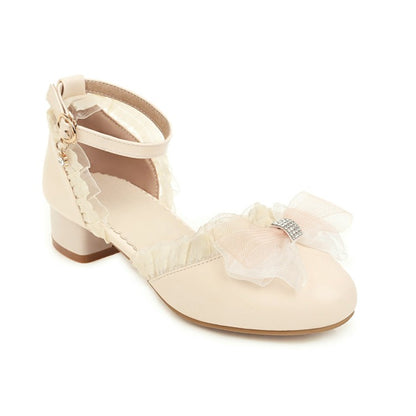 Women Lolita Round Toe Lace Butterfly Knot Hollow Out Low Block Heels Sandals