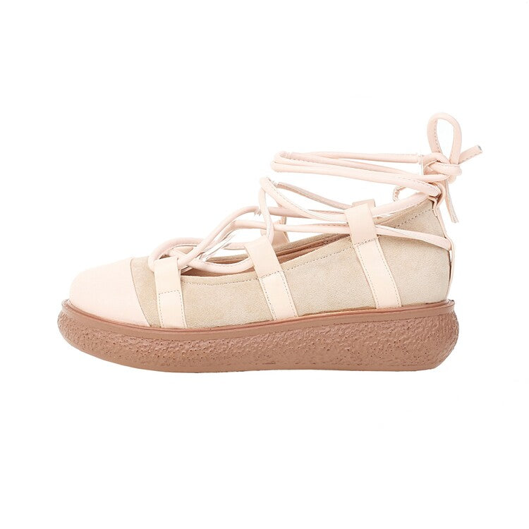 Women Round Toe Cross Tied Strap Platform Flat Many Jane Shoes