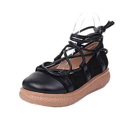 Women Round Toe Cross Tied Strap Platform Flat Many Jane Shoes