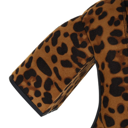 Woman Leopard Print Round Toe Stitching Block Heel Platform Knee High Boots