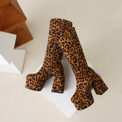 Woman Leopard Print Round Toe Stitching Block Heel Platform Knee High Boots