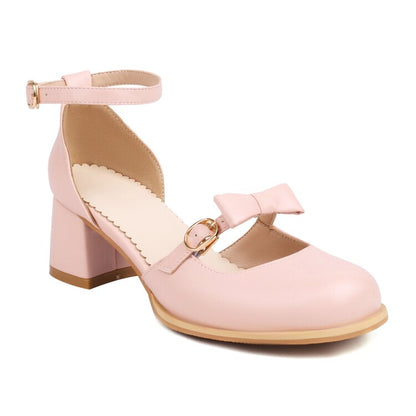 Women Round Toe Bow Tie Ankle Strap Block Chunky Heel Sandals