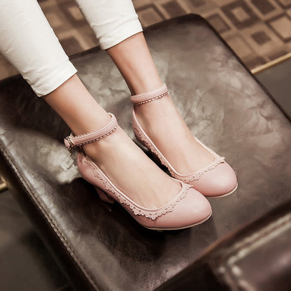 Woman Ankle Strap Chunky Heels Pumps