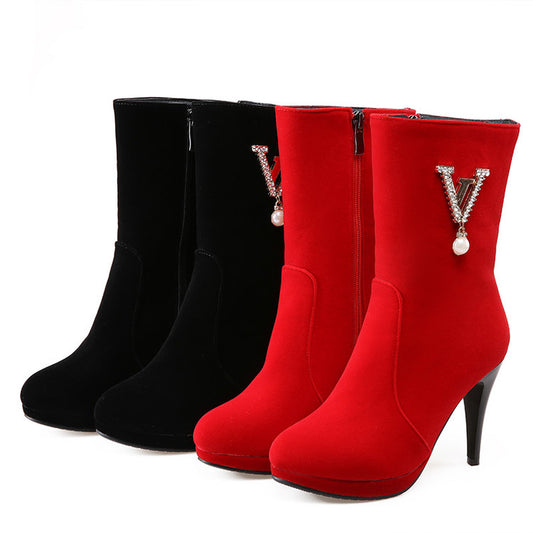 Women Flock Round Toe Side Zippers Rhinestone Pearls Cone Heel Platform Short Boots