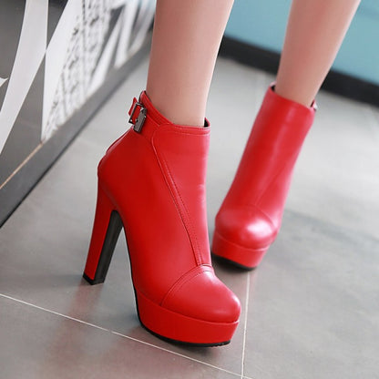 Women Pu Leather Round Toe Stitching Belts Buckles Chunky Heel Platform Short Boots