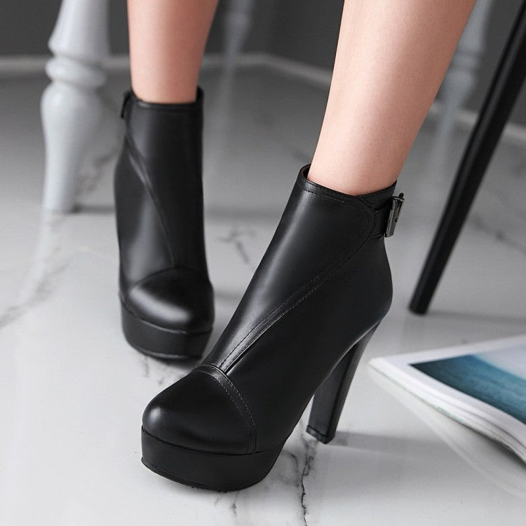 Women Pu Leather Round Toe Stitching Belts Buckles Chunky Heel Platform Short Boots