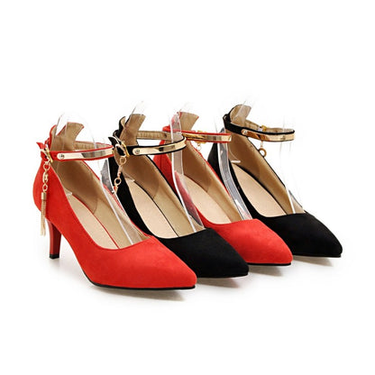 Pointed Toe Metal Ankle Strap Woman High Heels Stiletto Pumps