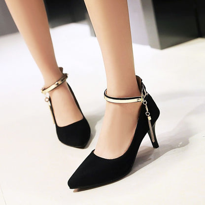 Pointed Toe Metal Ankle Strap Woman High Heels Stiletto Pumps