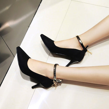 Pointed Toe Metal Ankle Strap Woman High Heels Stiletto Pumps