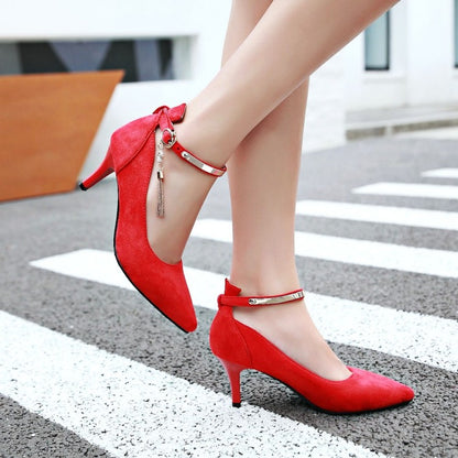 Pointed Toe Metal Ankle Strap Woman High Heels Stiletto Pumps