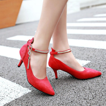 Pointed Toe Metal Ankle Strap Woman High Heels Stiletto Pumps