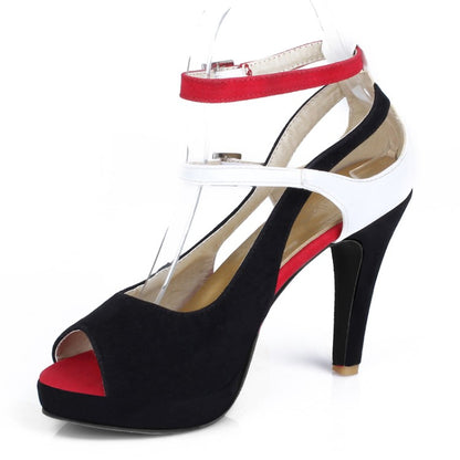 Woman Peep Toe Color Block Strap Buckle High Heel Platform Sandals