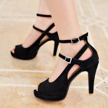 Woman Peep Toe Color Block Strap Buckle High Heel Platform Sandals