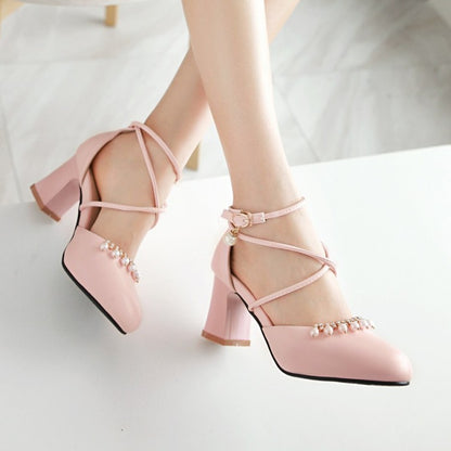 Women Pearls Ankle Wrap High Heels Block Heel Sandals