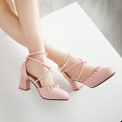 Women Pearls Ankle Wrap High Heels Block Heel Sandals