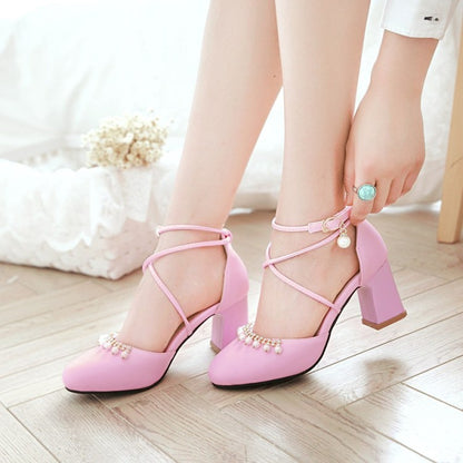 Women Pearls Ankle Wrap High Heels Block Heel Sandals