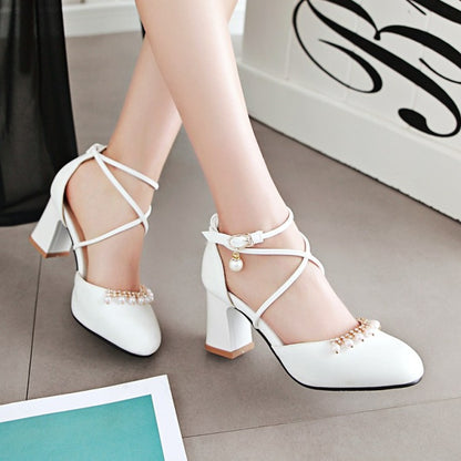 Women Pearls Ankle Wrap High Heels Block Heel Sandals