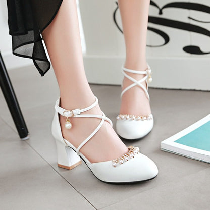 Women Pearls Ankle Wrap High Heels Block Heel Sandals