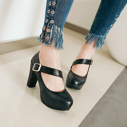 Woman Buckle Belt High Heels Chunky Platform Pumps