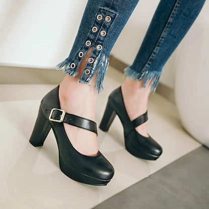 Woman Buckle Belt High Heels Chunky Platform Pumps