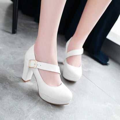 Woman Buckle Belt High Heels Chunky Platform Pumps