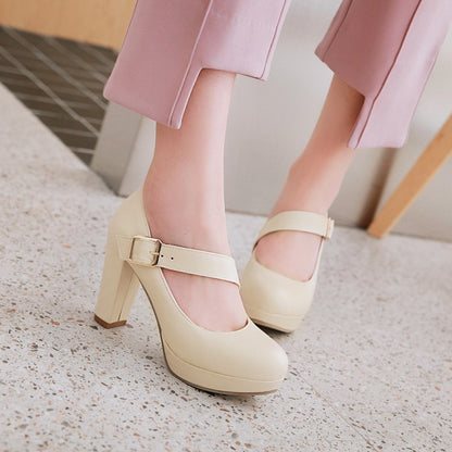 Woman Buckle Belt High Heels Chunky Platform Pumps