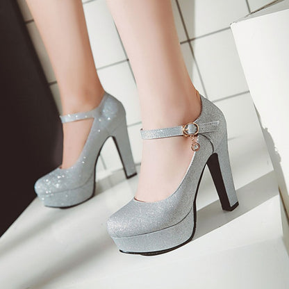 Woman Glitter High Heels Chunky Platform Pumps