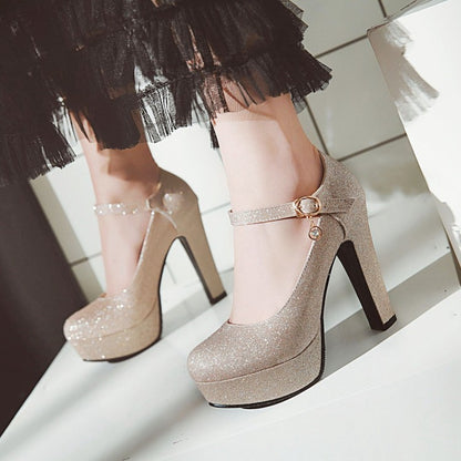 Woman Glitter High Heels Chunky Platform Pumps