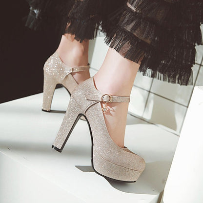 Woman Glitter High Heels Chunky Platform Pumps