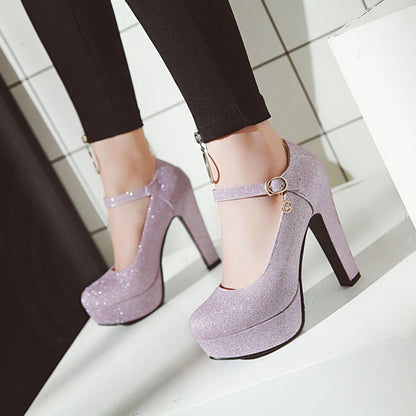 Woman Glitter High Heels Chunky Platform Pumps