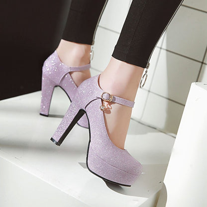 Woman Glitter High Heels Chunky Platform Pumps