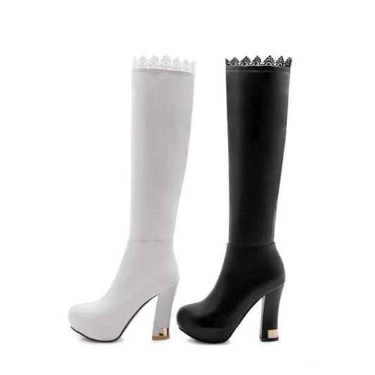 Women Lace Side Zippers Block Chunky Heel Platform Knee High Boots