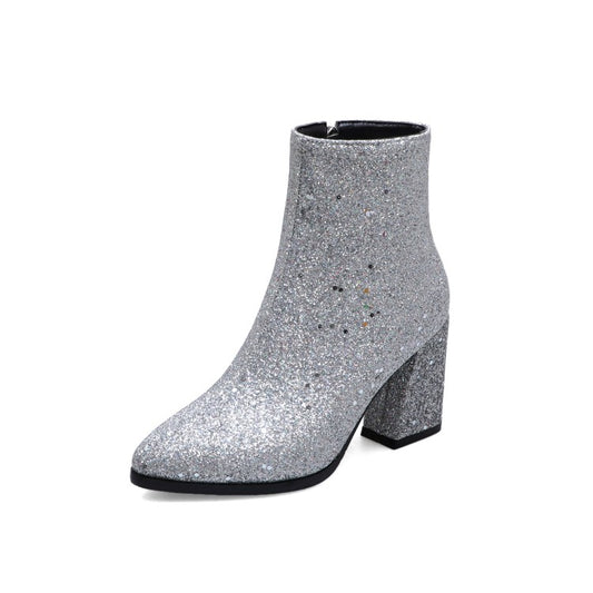 Women Glitter Pointed Toe Side Zippers Block Chunky Heel Platform Short Boots