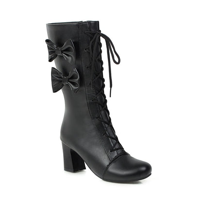 Women Pu Leather Round Toe Lace Up Bowtie Block Heel Mid Calf Boots