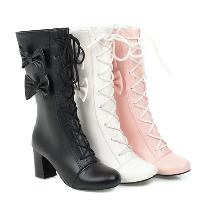 Women Pu Leather Round Toe Lace Up Bowtie Block Heel Mid Calf Boots